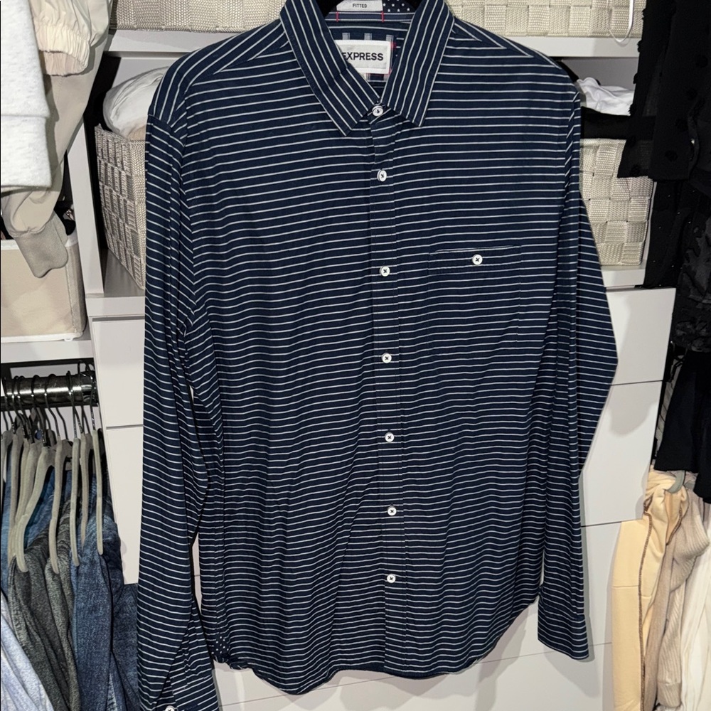 Express Men's Dark Blue Striped Button Down Shirt